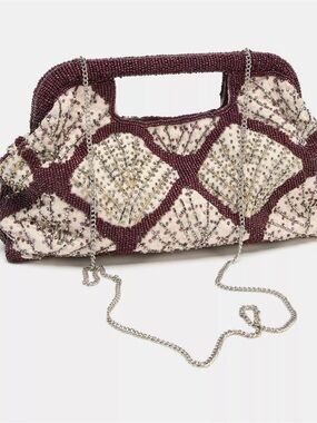 Zara Beaded Floral Clutch in Burgundy and Cream with Silver Chain